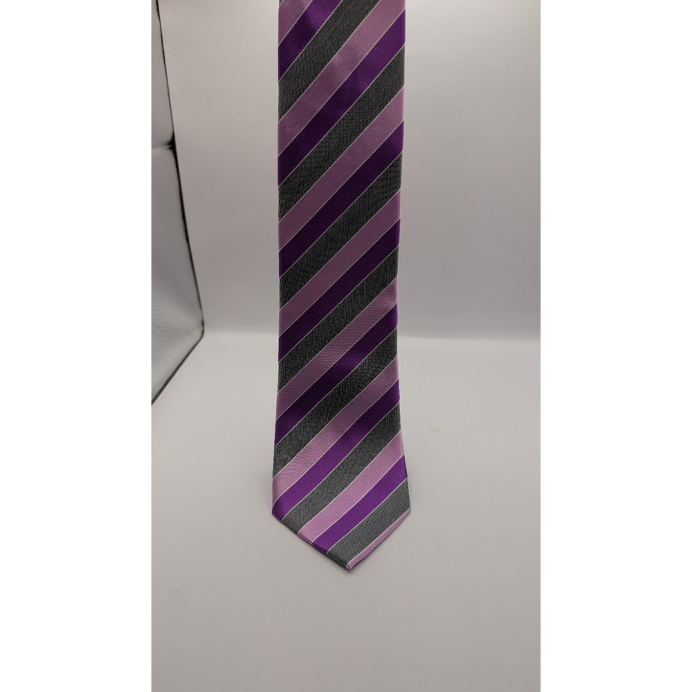 Geoffrey Beene Men's Necktie Pink Purple Grey Diagonal Stripe Silk Blend Classic - Picture 2 of 3